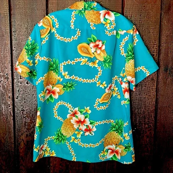 Vintage 70s Hawaiian Aloha Shirt Papaya Leis Pineapple Hibiscus Polyester Medium - Picture 6 of 9